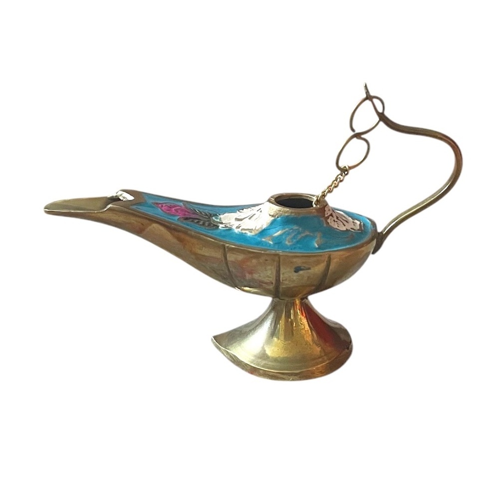 Vintage Aladdin oil lamp engraved floral ornaments filled‎ w/torques blue enamel